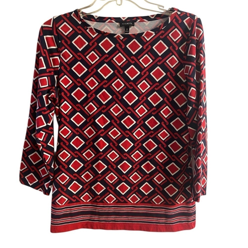 Talbots Boat Neck Top Abstract Print 3/4 Sleeve Medium